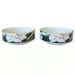 VTG Savior Vivre Night Passage Set of 2 Dessert/Fruit Bowls Black Floral Pattern